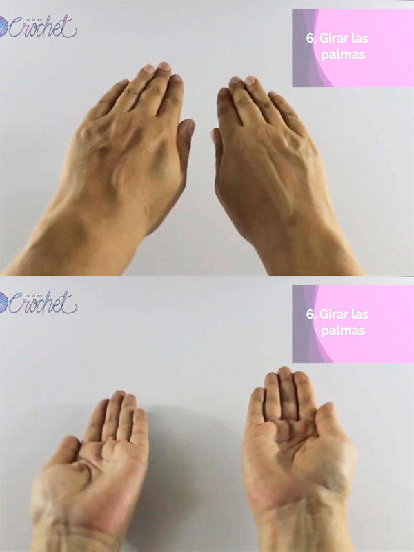 Girar palmas

ejercicio para tejedoras girando las palmas para mejorar movilidad de muñecas