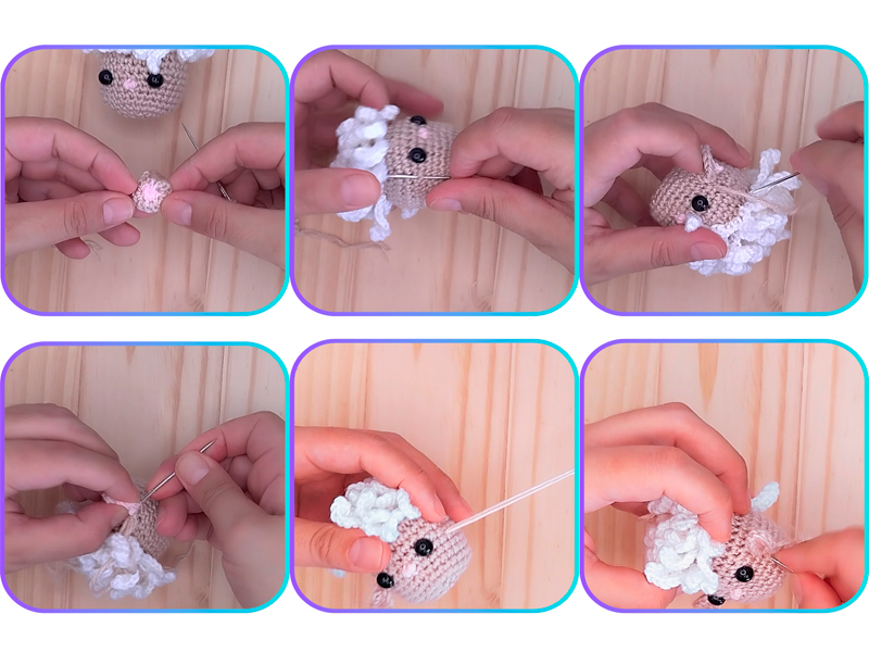 coser orejas ala cabeza de la ovejita amigurumi