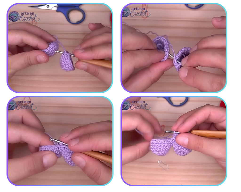 Unión de las dos semicircunferencias del corazón a crochet.